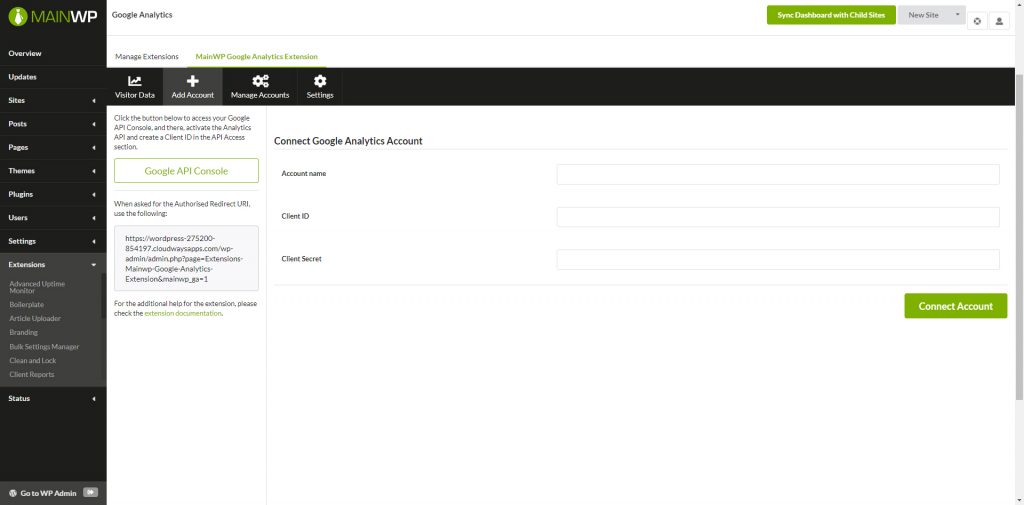 MAINWP GOOGLE ANALYTICS EXTENSION